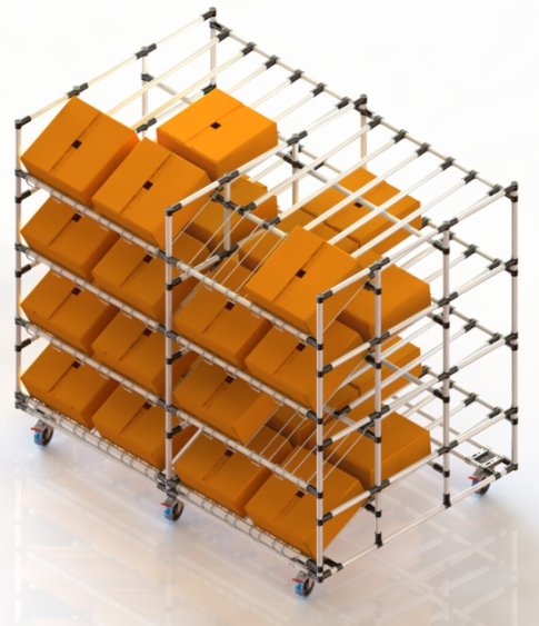 Nell'immagine: Magazzino dinamico con doppia inclinzazione per scatole in cartone. Struttura a 4 livelli di carico su ruote girevoli.